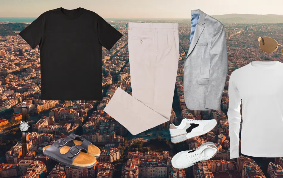 Collage med svart t-skjorte, chinos, solbriller, grå dressjakke, hvite sneakers og birkenstocks sandaler.