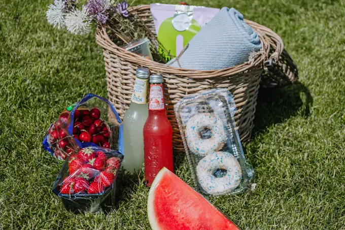 Piknikkurv på gresset