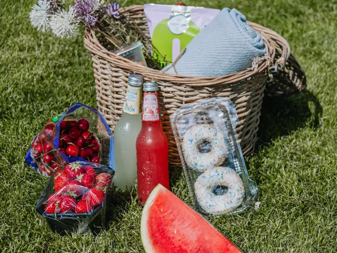 Piknikkurv på gresset