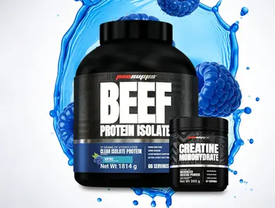 Proteinpulver og kreatin med bærsmak