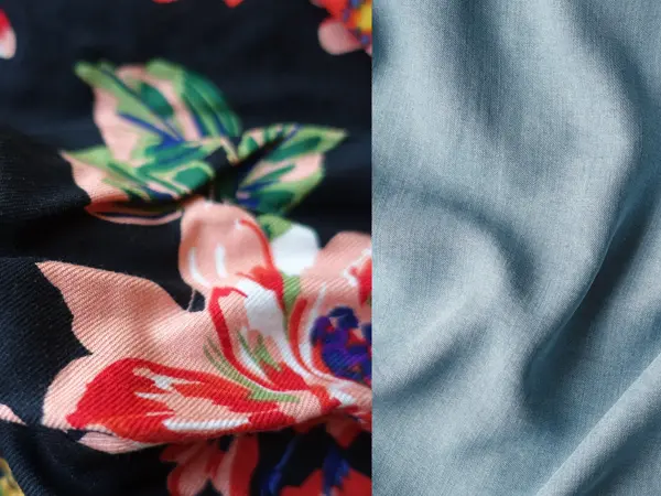 Blomstrete viscosestoff og jeansblått lyocellstoff