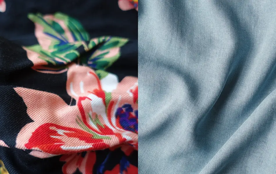 Blomstrete viscosestoff og jeansblått lyocellstoff