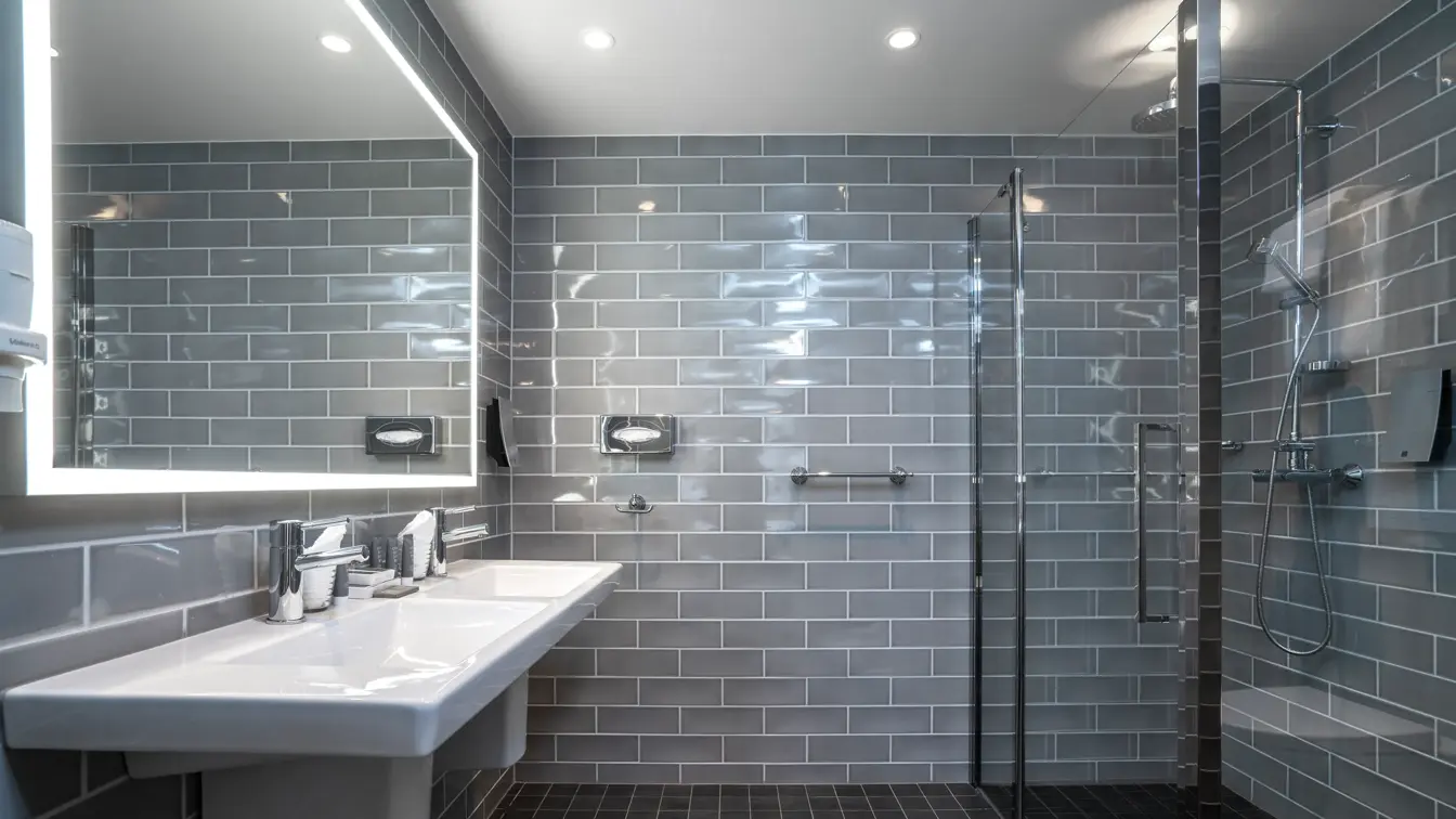 Veggspeil, dobbeltvask, dusj, svarte gulvfliser, grå veggfliser, takspotter