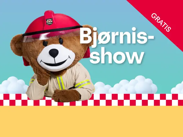 Bjørnis som vinker og tekst "GRATIS Bjørnis Show"