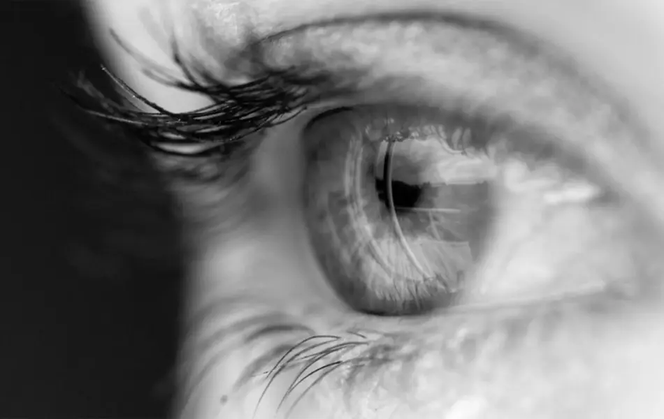 Nærbilde av et øye i sort og hvitt