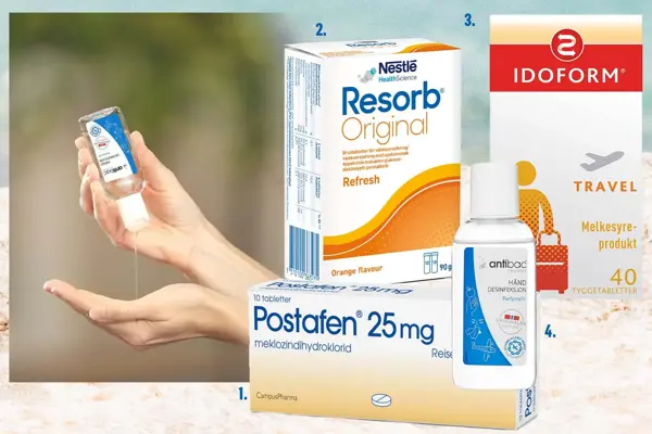 Kollasj av medisiner til feriemagen