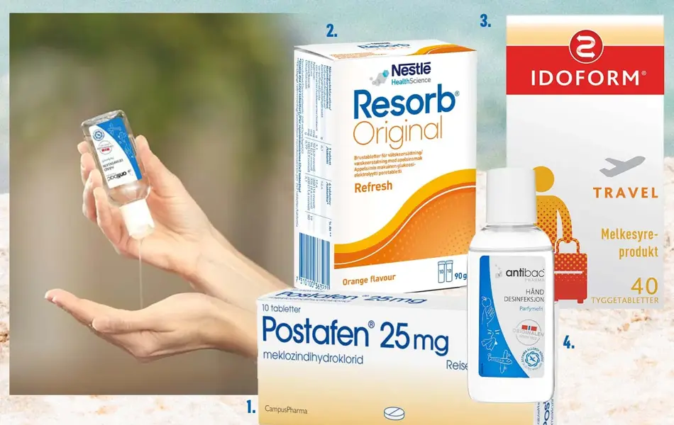 Kollasj av medisiner til feriemagen