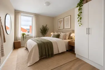 Soverom med plass til dobbeltseng og garderobe. Bildet er digitalt møblert.