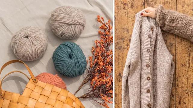 Nøster med garn, og en strikket genser