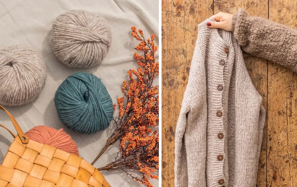 Nøster med garn, og en strikket genser