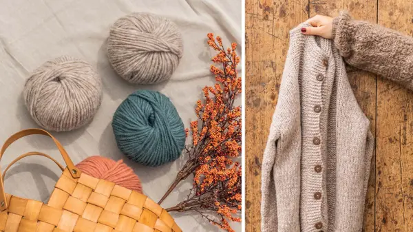 Nøster med garn, og en strikket genser