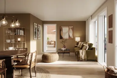Illustrasjon av en stylet stue og spisestue, med utsyn ut til terrassen, fra en leilighet på Skårerløkka Premium.