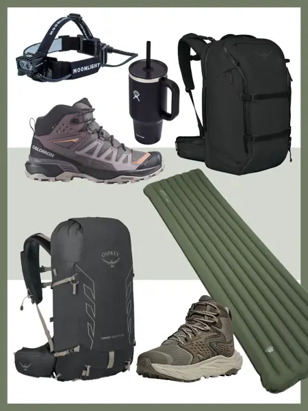 Hodelykt, termokopp, sort sekk, fjellsko, liggeunderlag, stor tursekk, grønne tursko.