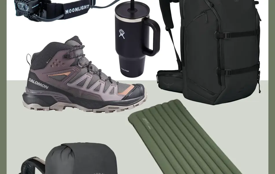 Hodelykt, termokopp, sort sekk, fjellsko, liggeunderlag, stor tursekk, grønne tursko.