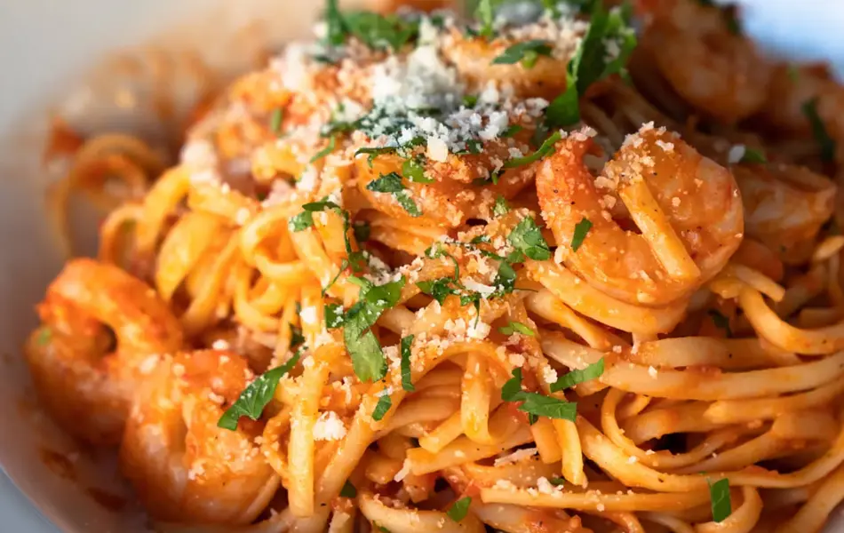 Nærbilde av tallerken med pasta og scampi