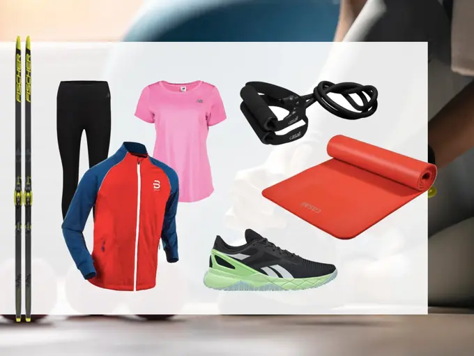 kollasj av treningsutstyr fra sportsbutikkene på storo storsenter