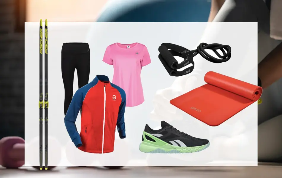 kollasj av treningsutstyr fra sportsbutikkene på storo storsenter