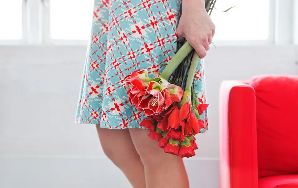 Dameben med røde klogger og blå kjole holder røde blomster sett fra livet og ned 