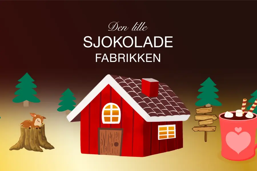 Den lille SJOKOLADE FABRIKKEN tegning av rødt koselig hus, men kakaokopp med marshmellows  