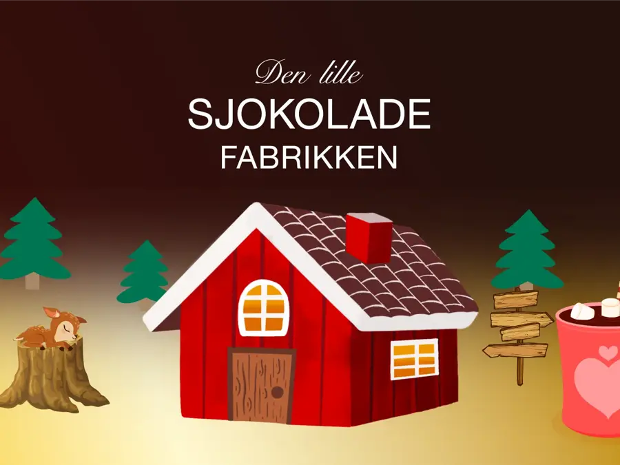 Den lille SJOKOLADE FABRIKKEN tegning av rødt koselig hus, men kakaokopp med marshmellows  