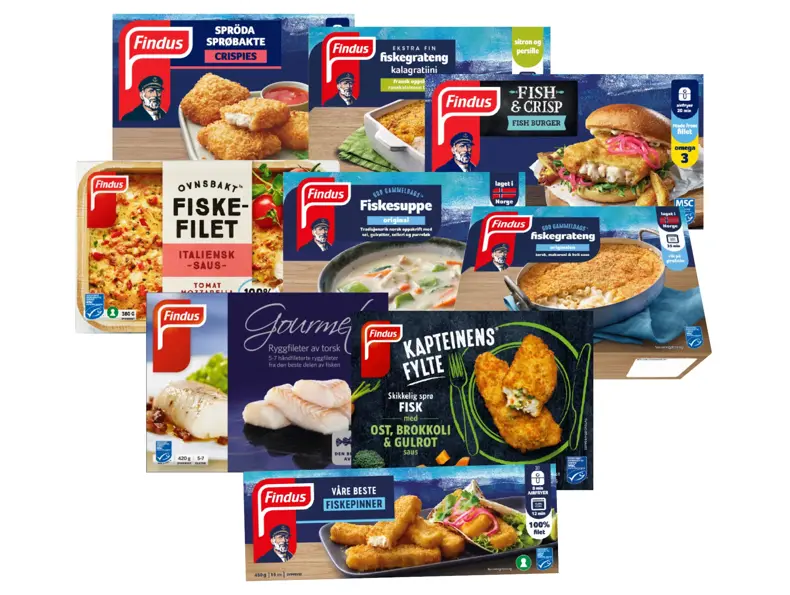 Utvalg av fiskeretter og fiskeprodukter fra Findus.