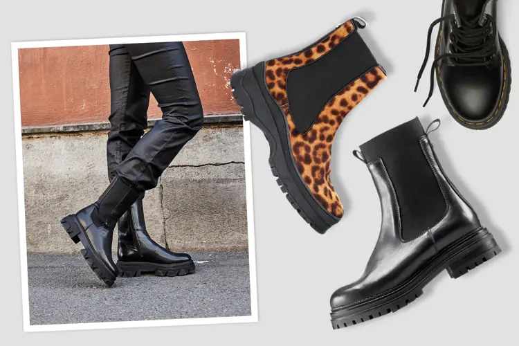 Tre produktbilder av sorte skinnsko og et par i leopard