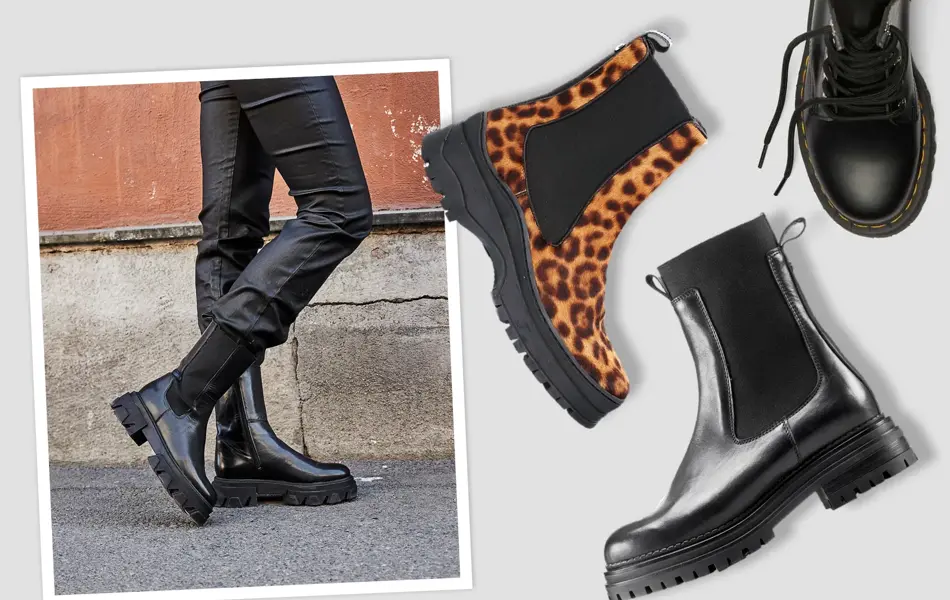 Tre produktbilder av sorte skinnsko og et par i leopard