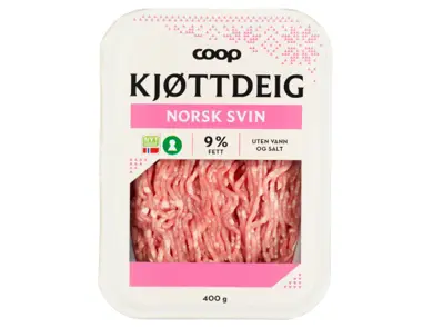 Pakke med kjøttdeig av svin fra Coop.