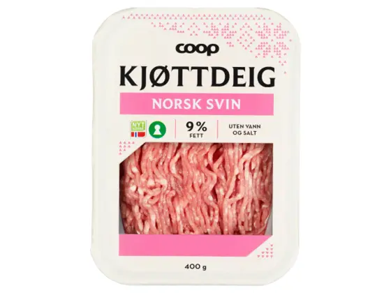 Pakke med kjøttdeig av svin fra Coop.