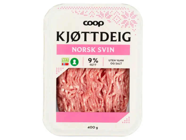 Pakke med kjøttdeig av svin fra Coop.