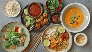 Authentic classic Pad Thai with shrimps. Thai shrimp satay with sweet chili sauce. Tom Yum soup with coconut milk (Tom Khaa). Spicy shrimp salad. Flat lay top-down composition on concrete background.