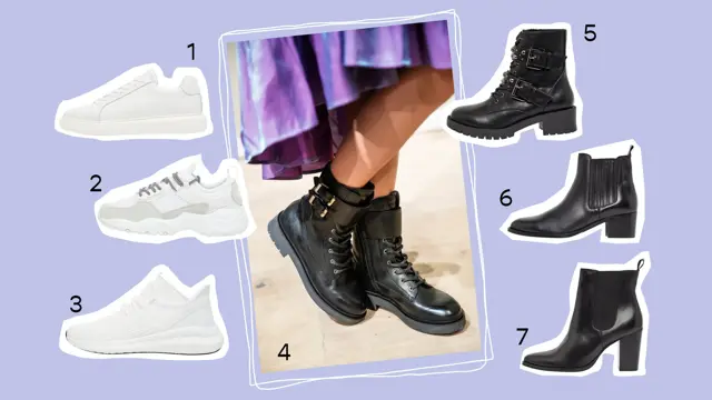 Kollasj av hvit sneakers og sorte skinnsko, produktbilder