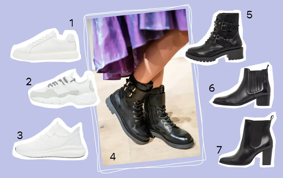 Kollasj av hvit sneakers og sorte skinnsko, produktbilder