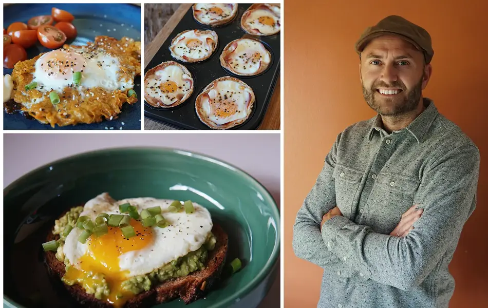 Søtpotetlapper med egg, eggmuffins, toast med avokado og egg, hobbykokk Steffen Johansen