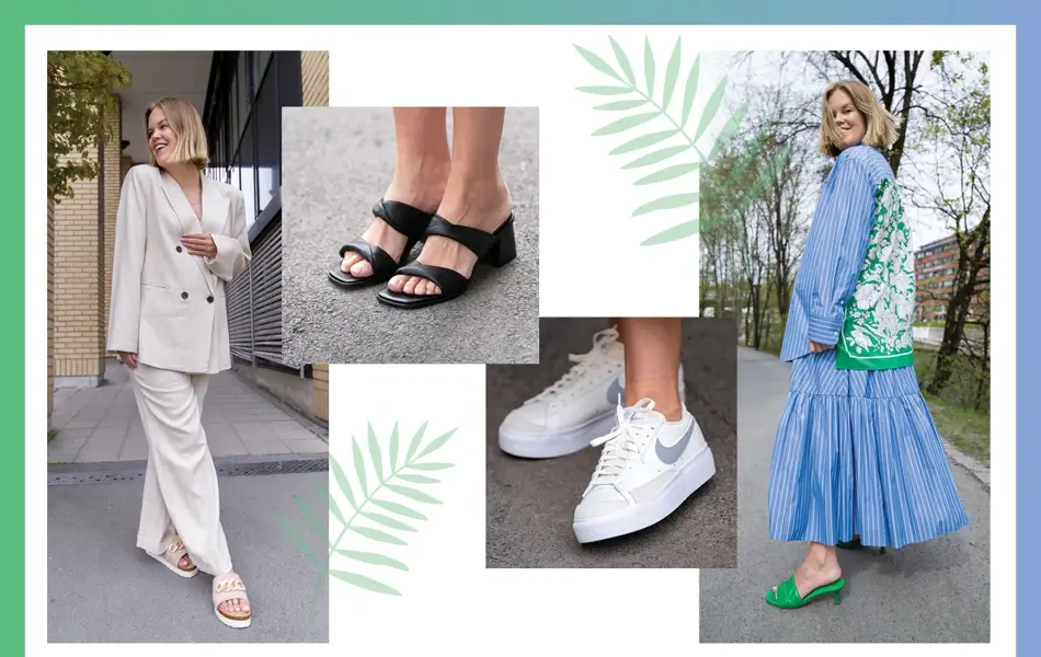 Dame i beige dress med beige sandaler, føtter med sorte sandaler, føtter med hvite Nike sneakers, dame med blå og grønn skjorte og blått skjørt og grønne sandaler.