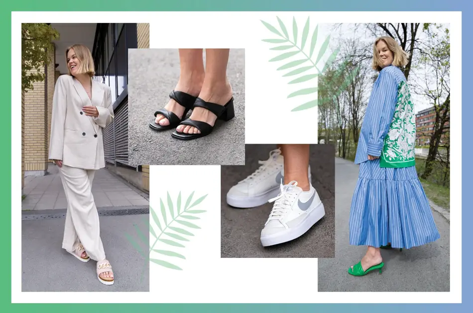 Dame i beige dress med beige sandaler, føtter med sorte sandaler, føtter med hvite Nike sneakers, dame med blå og grønn skjorte og blått skjørt og grønne sandaler.