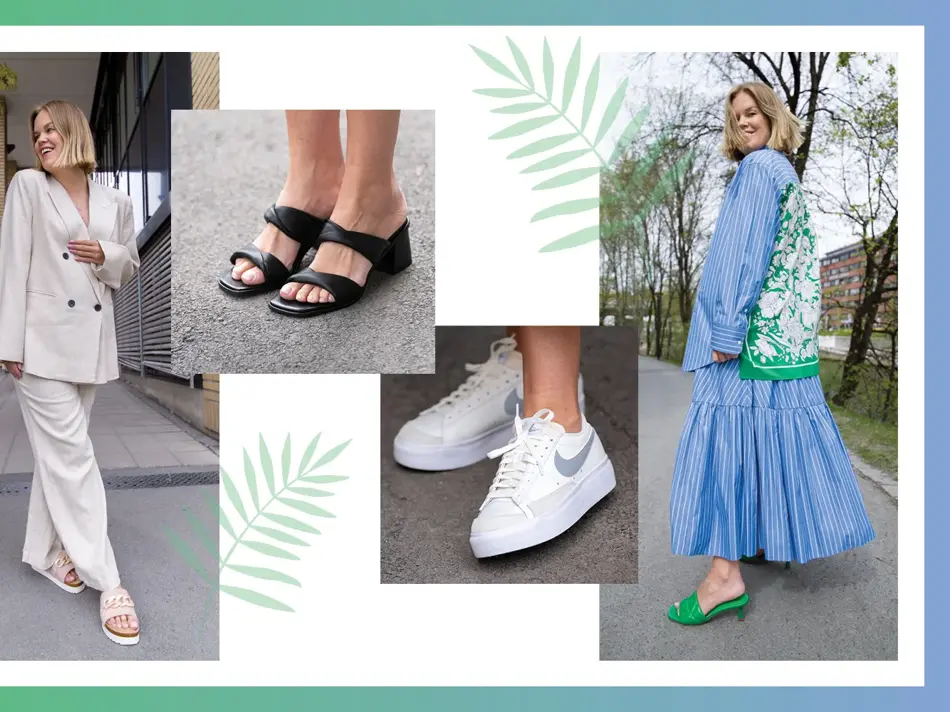 Dame i beige dress med beige sandaler, føtter med sorte sandaler, føtter med hvite Nike sneakers, dame med blå og grønn skjorte og blått skjørt og grønne sandaler.