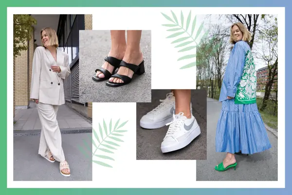 Dame i beige dress med beige sandaler, føtter med sorte sandaler, føtter med hvite Nike sneakers, dame med blå og grønn skjorte og blått skjørt og grønne sandaler.