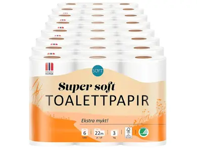 "Store flerpakninger Super Soft toalettpapir med seks ruller per pakke.