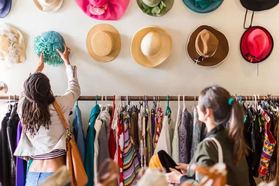 To unge kvinner prøver hatter i en butikk med vintageklær.