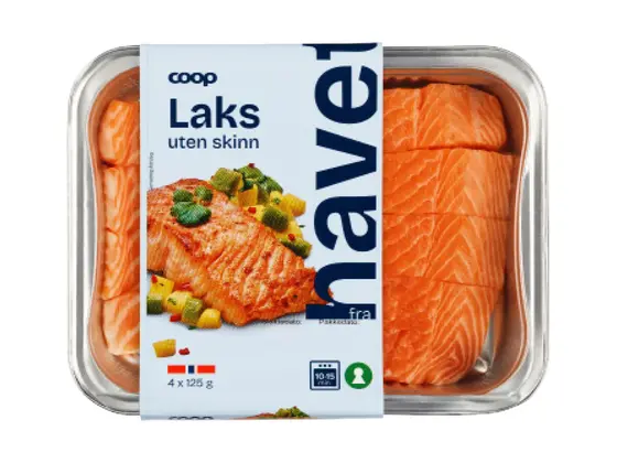 Pakke med laksefilet uten skinn fra Coop.