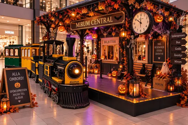 En bild på ett Tuf Tuff tåg och en tågstation dekorerad med halloween