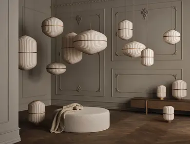 Dekorative pendellamper og bordlamper i et stilrent interiør.