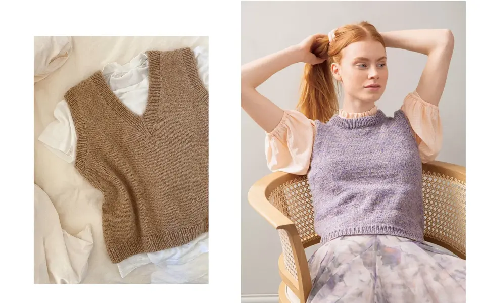 En vest på sengen og en vest på en dame