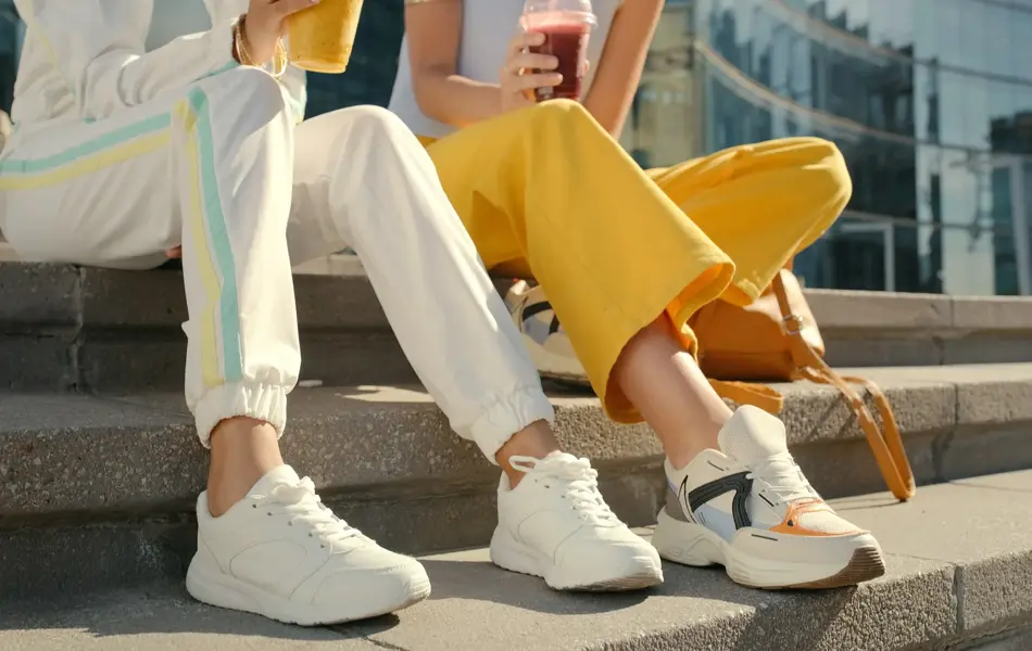 To venner sitter i trapp utendørs med hvite og fargerike sneakers 