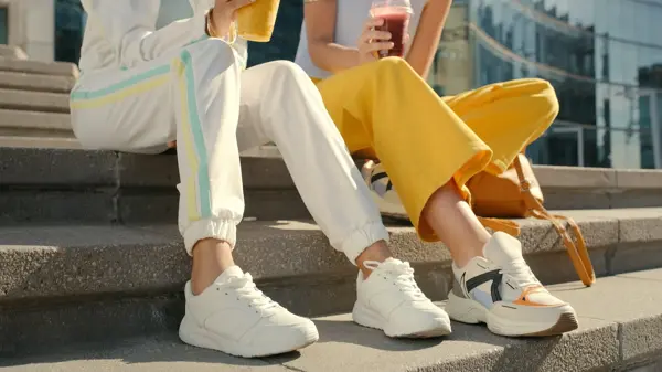 To venner sitter i trapp utendørs med hvite og fargerike sneakers 