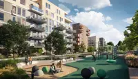 Illustrasjon av Skårerløkka PREMIUM eksteriør, fellesområde og lekeplass