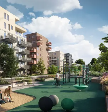 Illustrasjon av Skårerløkka PREMIUM eksteriør, fellesområde og lekeplass