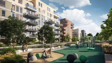 Illustrasjon av Skårerløkka PREMIUM eksteriør, fellesområde og lekeplass
