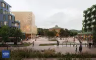 Illustrasjon viser det nye torget som skal bygges i Åsane, med eksisterende kirke i bakgrunnen.